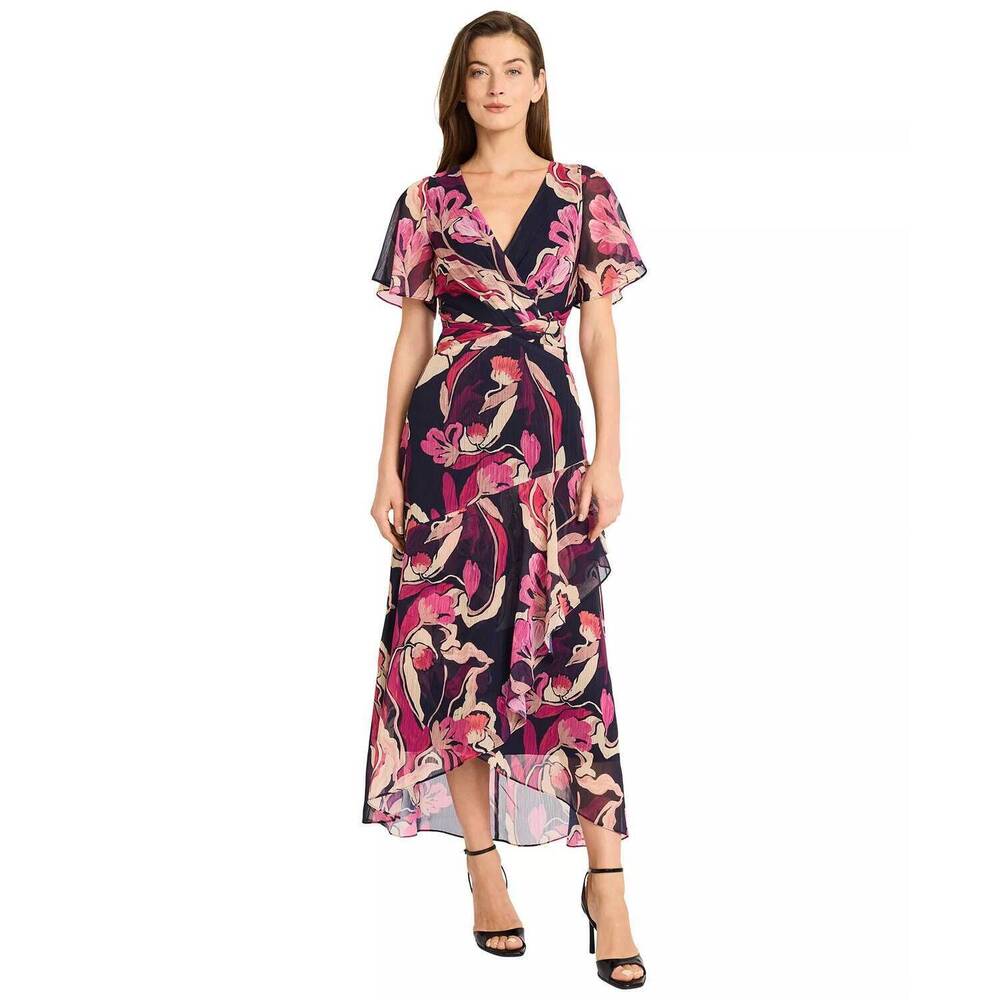 NEW MAGGY LONDON printed v-neck midi fit & flare dress in floral multi